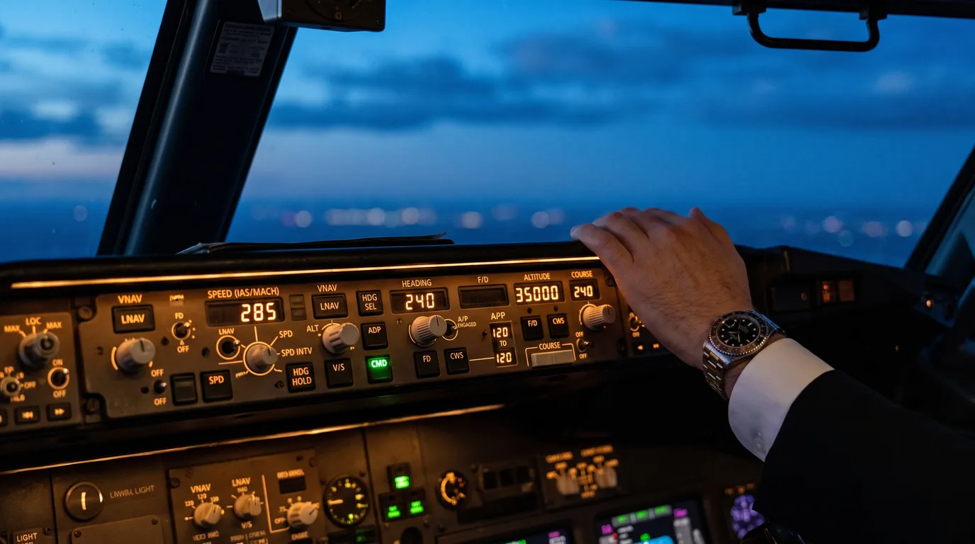Aircraft mode control panel with an operator monitoring the autopilot (AI-generated)
