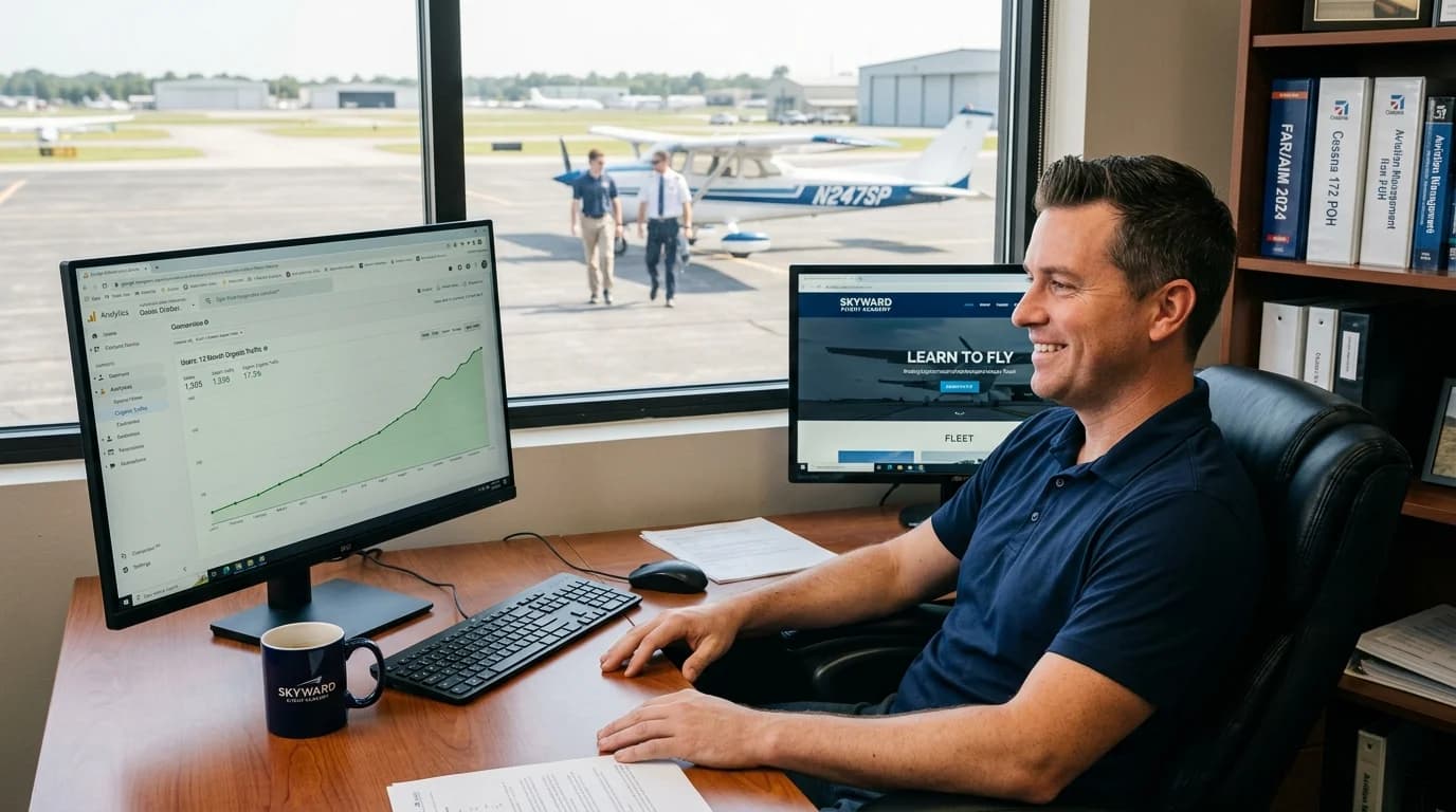 Flight school owner seeing organic traffic growth on Google Analytics
