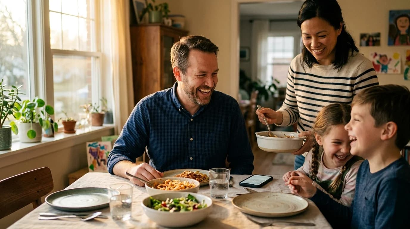 Flight school owner enjoying family dinner while booking notifications arrive