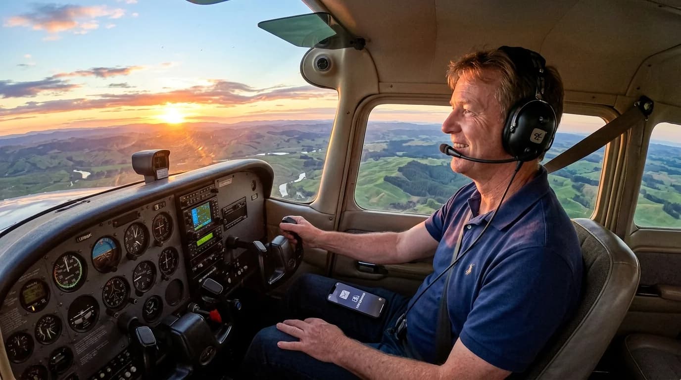 Pilot flying a Cessna at sunset while business runs automatically
