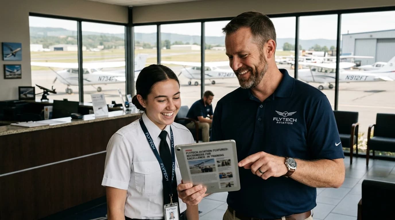 Flight school owner showing a press feature to a student