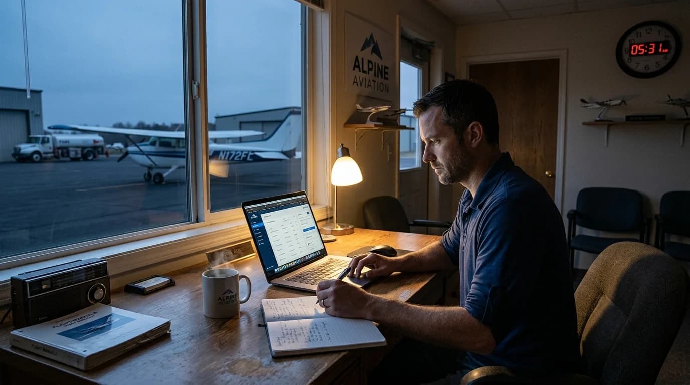 Flight school owner working at his FBO desk before dawn, ready to put in the work