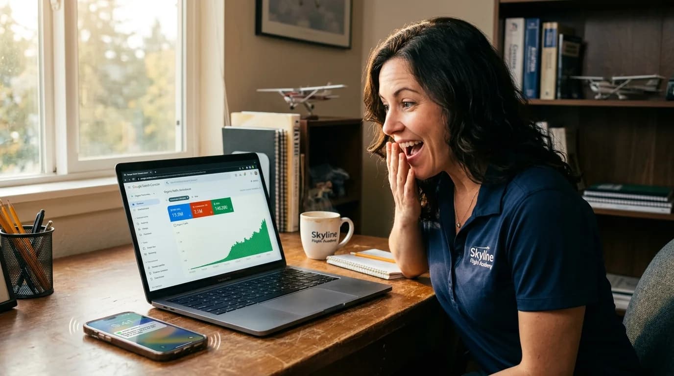 Flight school owner discovering organic traffic growth on her laptop