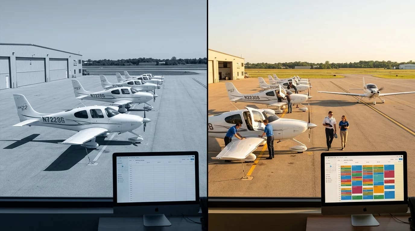 Split image: empty flight school ramp vs. the same ramp full of students and activity