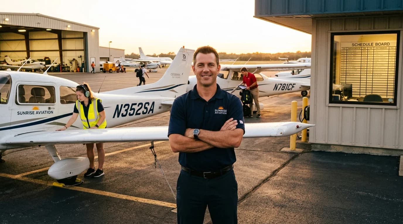 Flight school owner standing proudly on a busy ramp at golden hour